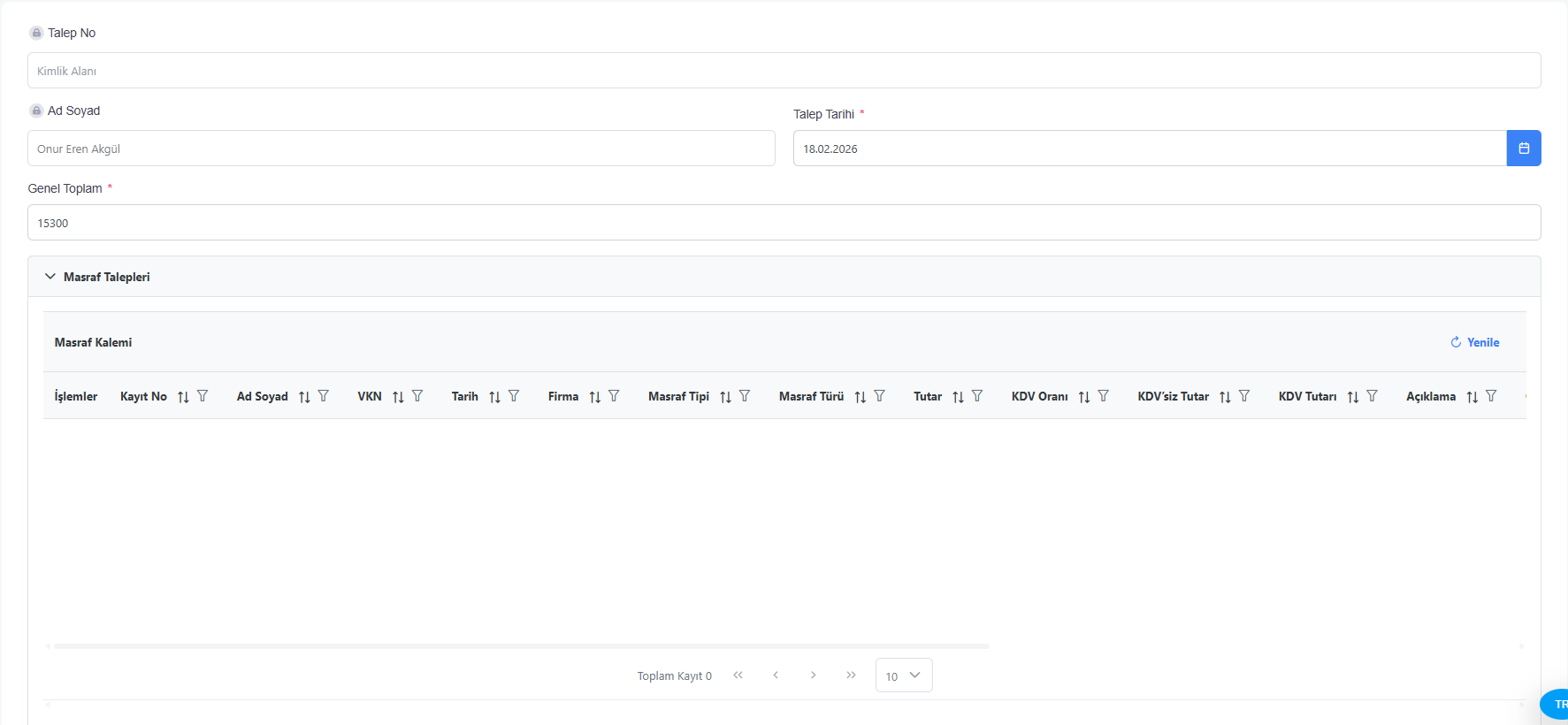 Masraf Talebi Oluşturma